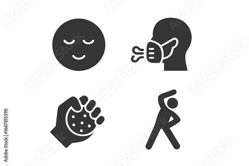 Stress management icons solid filled vector set with calm face, breathing mask, stress ball squeeze, exercise pose silhouette, mental wellness symbols on transparent background