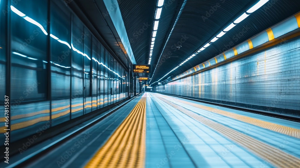 Fototapeta premium Modern metro station tunnel, bright lights, smooth surfaces