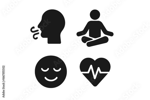 Stress relief icons set with deep breathing, yoga pose, calm face, heartbeat heart monitor, anxiety reduction, relaxation, mindfulness, mental health symbols, vector illustration