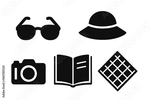 Solid Filled Stroll Essentials Icons Set with Sunglasses, Sun Hat, Camera, Book, and Picnic Blanket, Relaxing Outdoor Accessory Vector Illustration on Transparent Background
