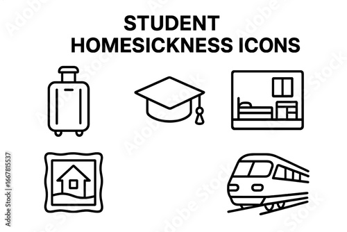 Student homesickness icon set with outline suitcase, diploma cap, empty dorm room, home photo, high-speed train vector illustration for education and travel