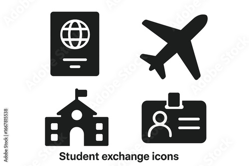 Solid filled student exchange icons set including passport, airplane, school building, and student ID vector illustration for global education and travel programs