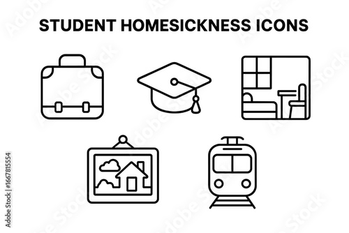 Outline Icon Set of Student Homesickness Symbols Including Suitcase, Graduation Cap, Empty Dorm Room, Home Picture, and Train Illustration for Education and Travel Concepts