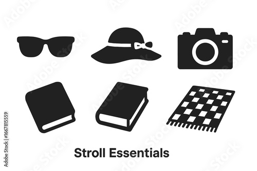Stroll Essentials Icons Set. Solid Black Filled Vector Icons of Relaxing Stroll Accessories including Sunglasses, Sun Hat, Camera, Books, and Picnic Blanket for Outdoor Leisure