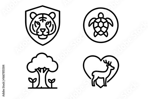 Wildlife conservation icons set, outline vector illustration of endangered tiger, sea turtle, rainforest tree, protected deer, nature preservation, environmental care symbols
