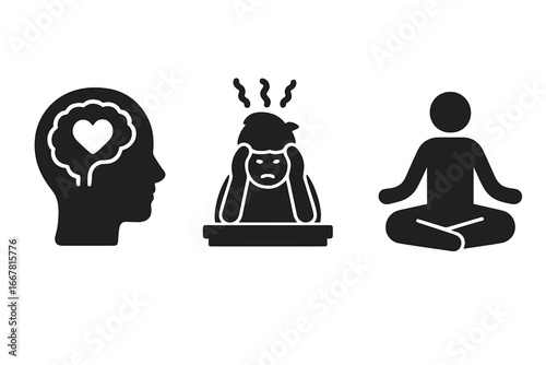 Student mental health icons set, solid filled vector illustrations of brain with heart symbol, stressed student holding head, meditation pose for stress relief and mindfulness