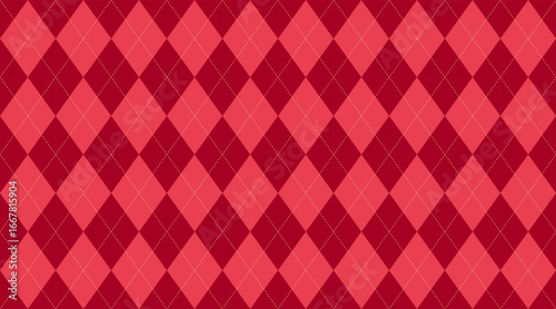 Christmas rhombus seamless pattern. Xmas red plaid texture with gold line. Argyle geometric diamond abstract pattern. Christmas design wrapping bg. Vector illustration isolated on red background.