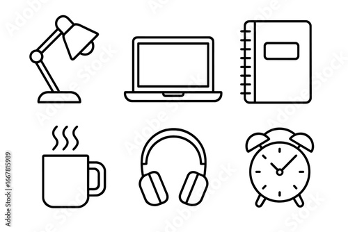 Study Tools Icons Set. Outline Vector Illustrations of Late Night Study Workspace Essentials - Desk Lamp, Laptop, Notebook, Coffee Mug, Headphones, Desk Clock on Transparent Background