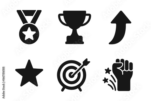 Solid success icon set with motivation symbols including medal, trophy cup, upward arrow, star, target with arrow, fireworks and fist hand, vector illustration on transparent background
