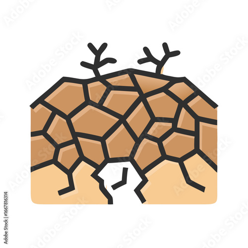 Cracked earth and barren landscape illustration depicting drought and environmental issues on a black background.