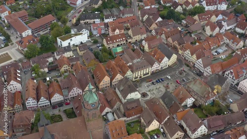 Aerial view of the old town city Weik der Stadt in Germany. On a cloudy day in Summer.