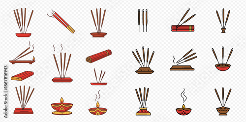 Incense sticks and holders: various styles and arrangements.
