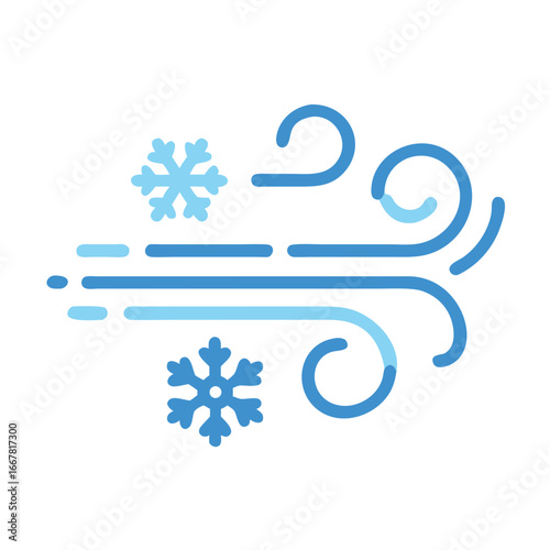 Stylized Winter Wind Icon with Snowflakes on Black Background, Representing Cold Weather
