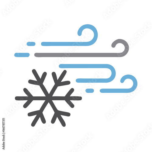 Stylized Winter Weather Icon Depicting a Snowflake and Wind on a Black Background