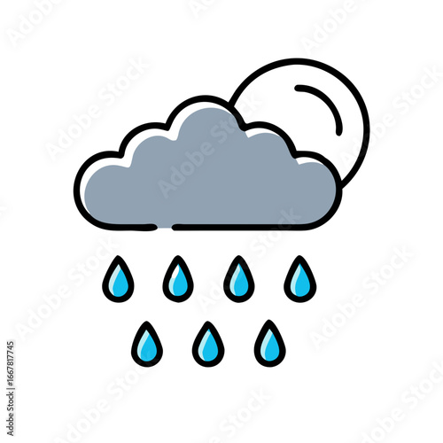 Rainy day icon with a gray cloud and blue raindrops in flat vector style