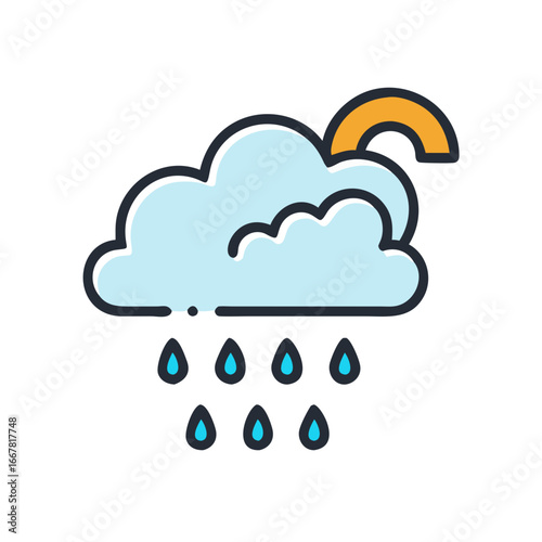 Stylized icon of a cartoon cloud with raindrops and partial rainbow in outline design