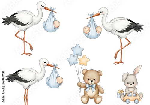 Adorable watercolor storks delivering babies and cute animals for newborn celebrations and nursery decor