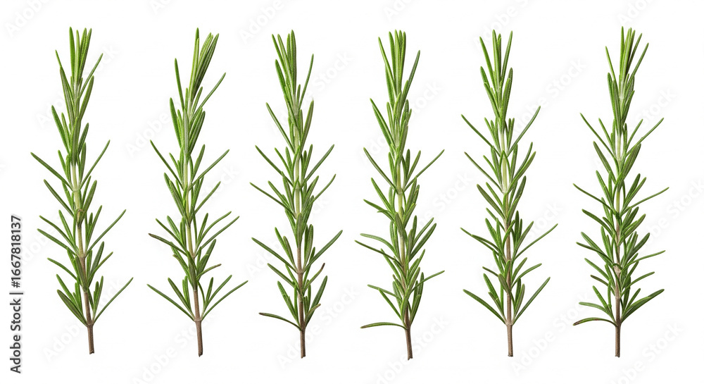 Fototapeta premium Six fresh rosemary branches arranged in different natural positions in single 16x9 frame isolated on white background for culinary packaging and herbal products