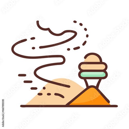 Stylized sand dunes and tower illustration with minimalist design and flat color palette