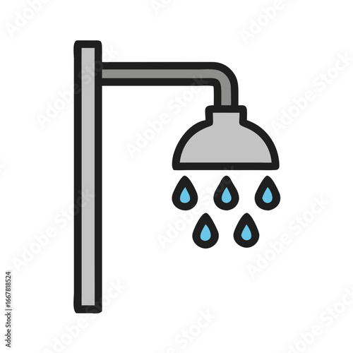 Grey Shower Head Icon Illustration with Blue Water Droplets on Black Background