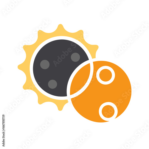 Stylized Solar Eclipse Graphic with Moon and Sun Overlap on Black Background