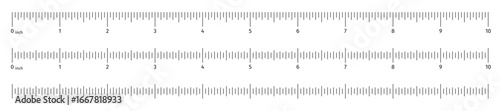 Ruler scale with markings and numbers. Size indicators measuring tool. Ruler scale with inches, half, quarter and eighth units. Vector