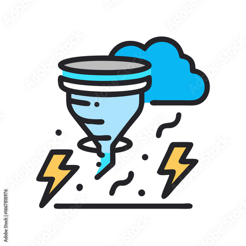 Vector illustration depicting severe weather conditions with a tornado and lightning strikes on a black background