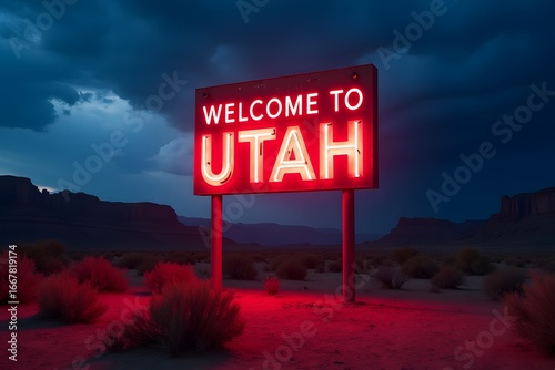  Desert storm backdrop with neon “Welcome to Utah” shining dramatically.

