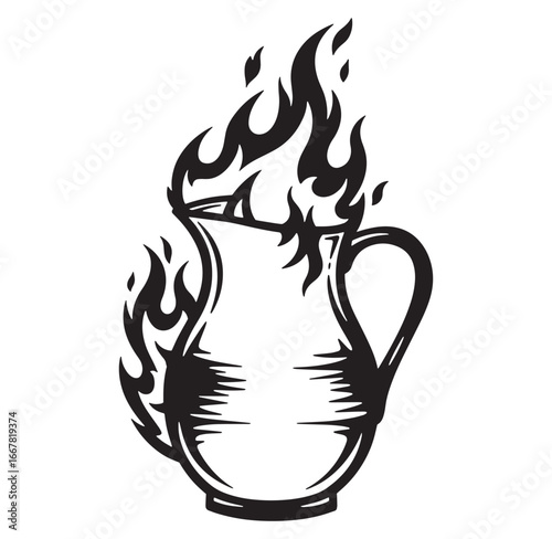 A classic jug with flames burning illustrating strength and intensity in black and white