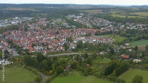 Aerial view of the old town city Weik der Stadt in Germany. On a cloudy day in Summer.
