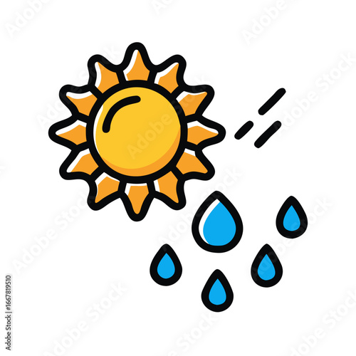 Stylized sun and rain illustration on black background showing changing weather conditions and weather forecast