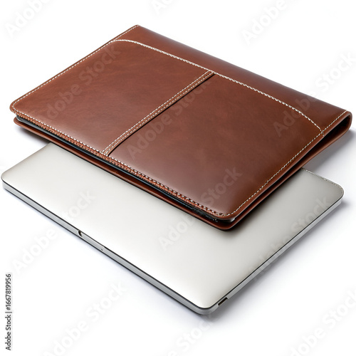 Brown leather laptop sleeve placed over a silver laptop, isolated on white background
