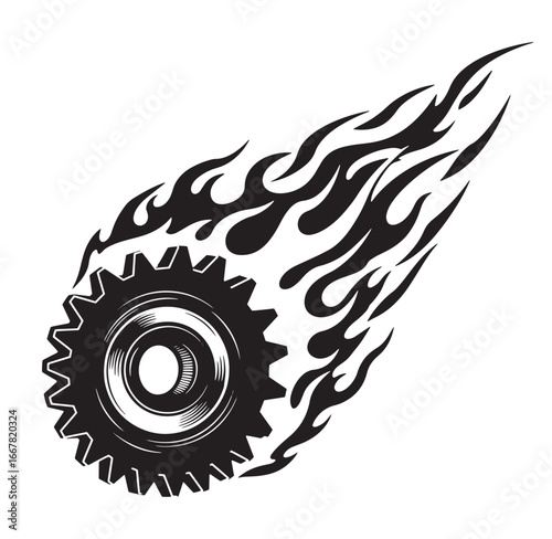 A fiery gear conceptual design illustration depicting speed power and industrial motion