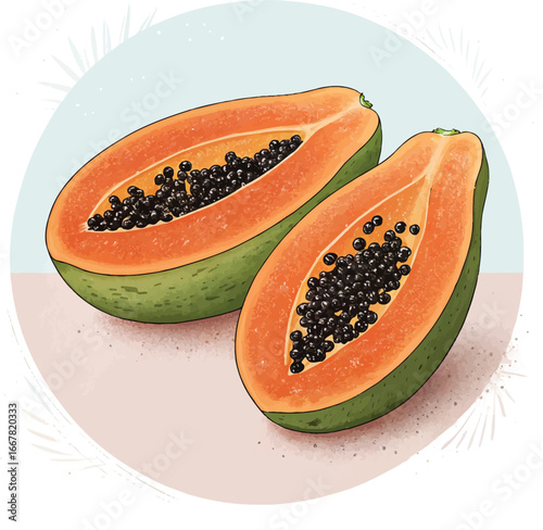 Fresh Papaya Halves with Black Seeds Illustration