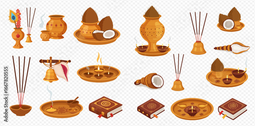 Collection of South Asian religious ritual objects: incense, lamps, coconuts, and holy books.