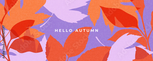 Fall season horizontal background with bright abstract autumn leaves. Autumn modern art minimalist style design template for sales, horizontal poster, header, cover, social media, fashion ads, decor.
