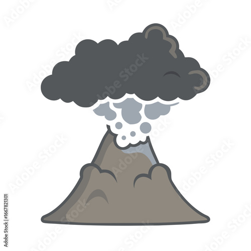 Stylized volcanic eruption emitting ash cloud on black background with gray and beige tones