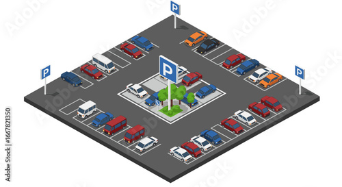 Isometric urban parking lot with colorful cars and signage