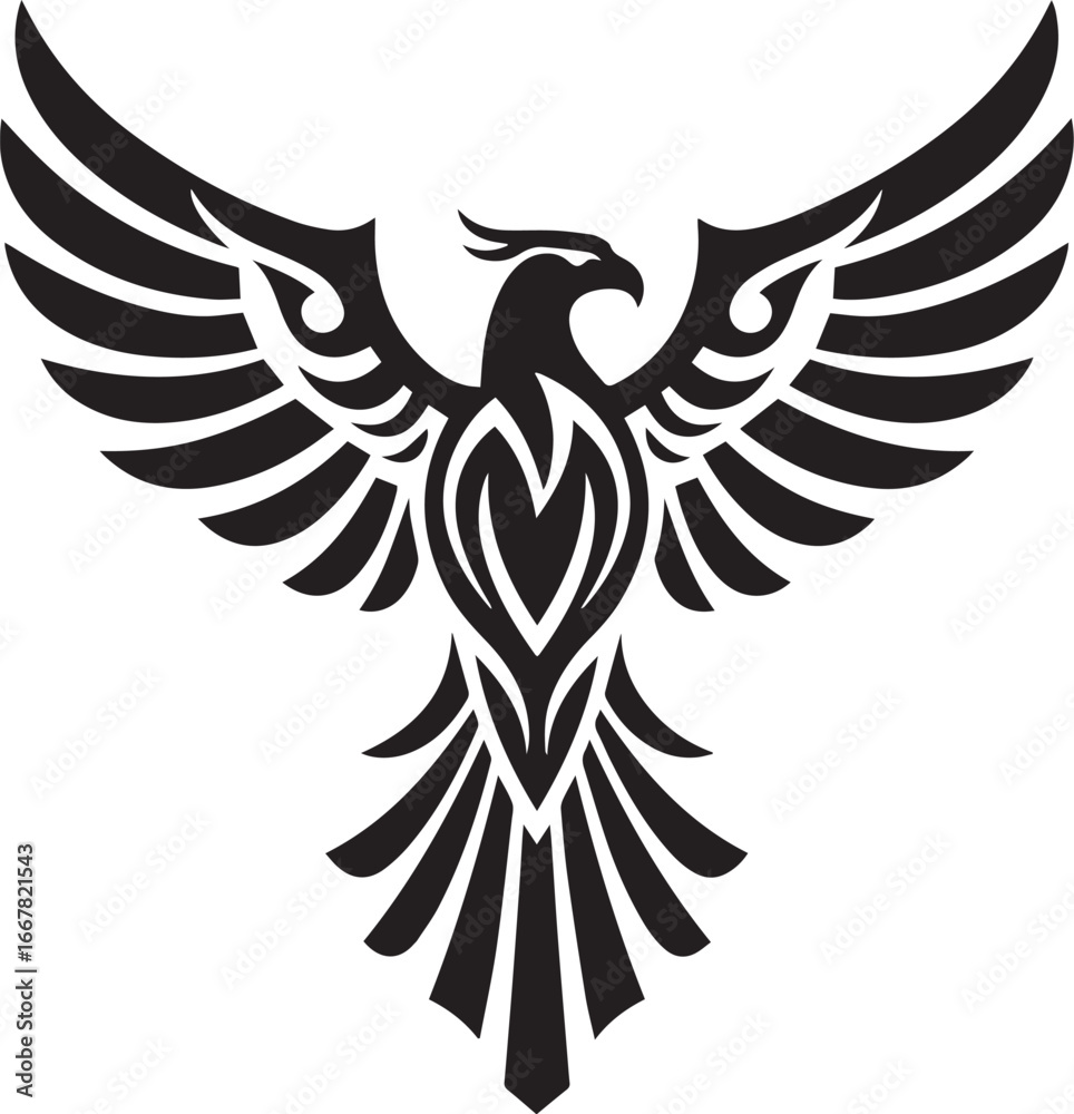 Fototapeta premium Black Tribal Phoenix Bird Emblem with Spread Wings and Ornate Body tattoo