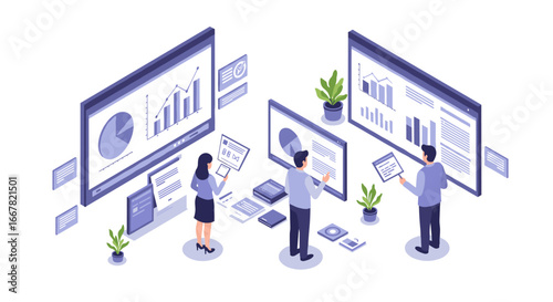 Team collaboration on data analysis and strategy in isometric office setting