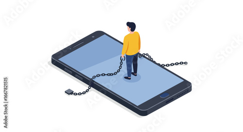Isometric depiction of digital addiction with person chained to smartphone