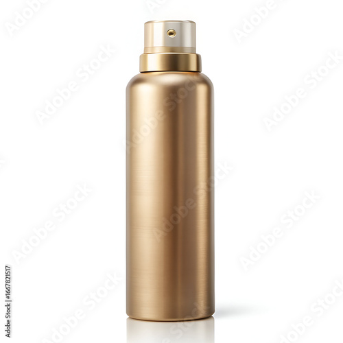 A golden metallic aerosol spray bottle with a transparent cap and silver nozzle, isolated on white background