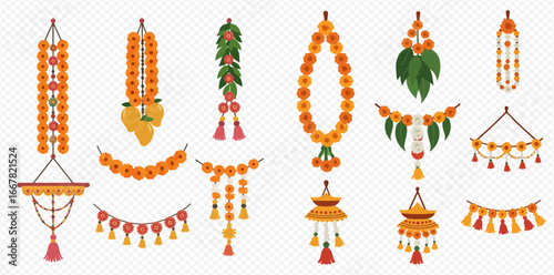Collection of vibrant floral garlands and hanging decorations, showcasing traditional South Asian designs with marigold flowers and tassels.