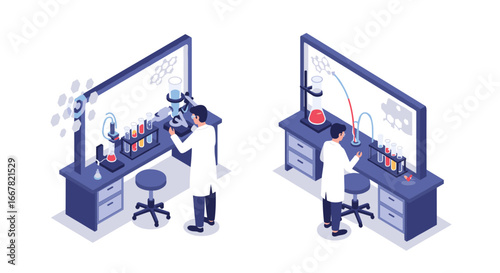 Isometric laboratory scene with scientists conducting experiments