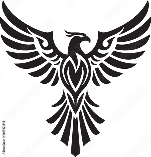 Black Tribal Phoenix Bird Emblem with Spread Wings and Ornate Body tattoo