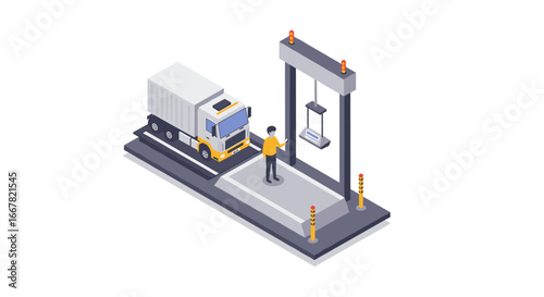 Isometric truck weigh station with guide and scale for logistics and transport