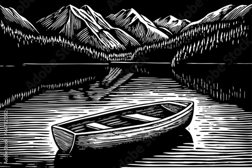 Small rowboat drifting quietly on lake surface surrounded by mountains, minimalist black and white sketch.