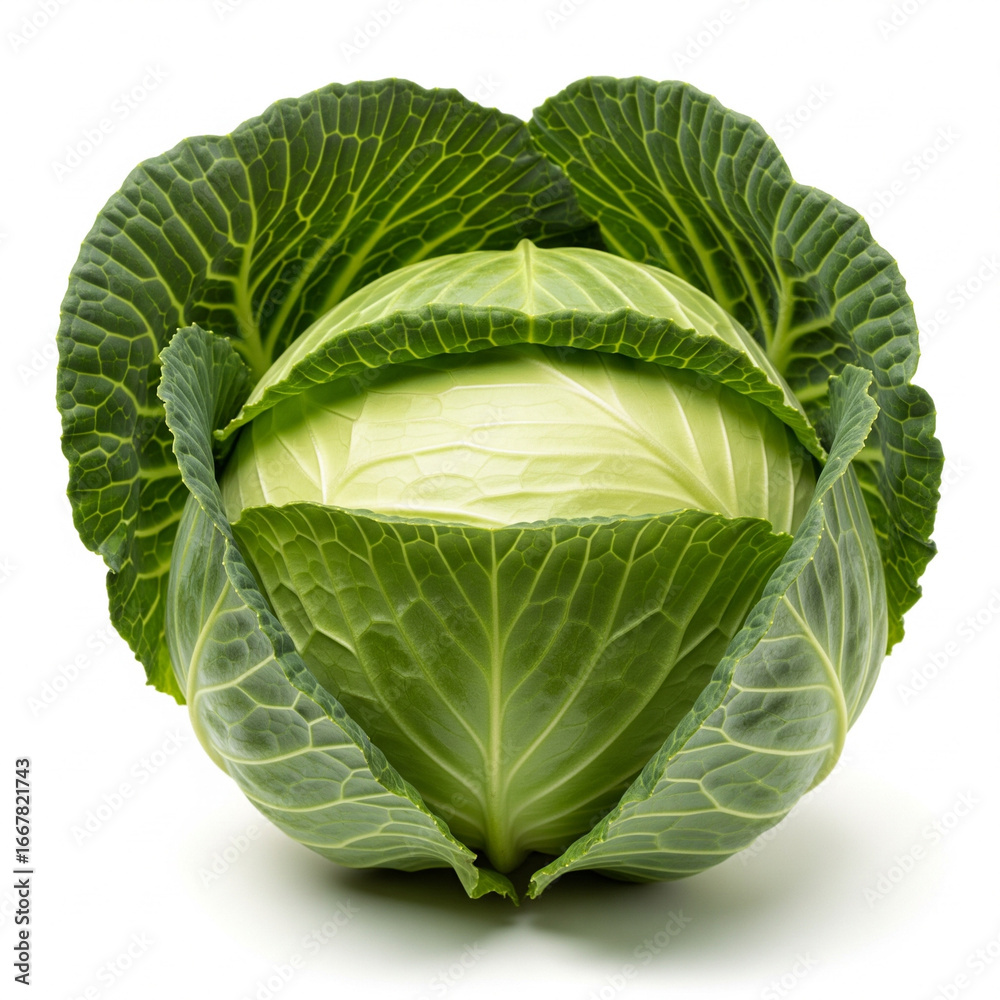 Fototapeta premium Ultra-realistic single green cabbage head fully within frame isolated on white background for culinary and packaging stock photography