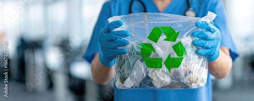 A person in a blue uniform holds a plastic bag with recyclables. A recycling symbol is visible on the bag