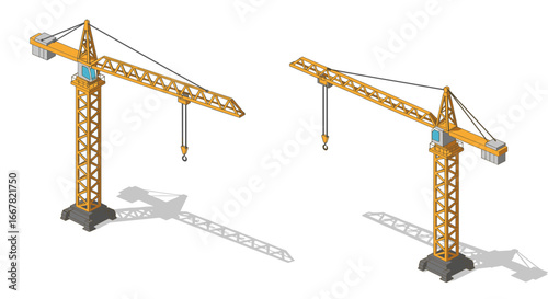 Isometric construction tower cranes with shadows on white background